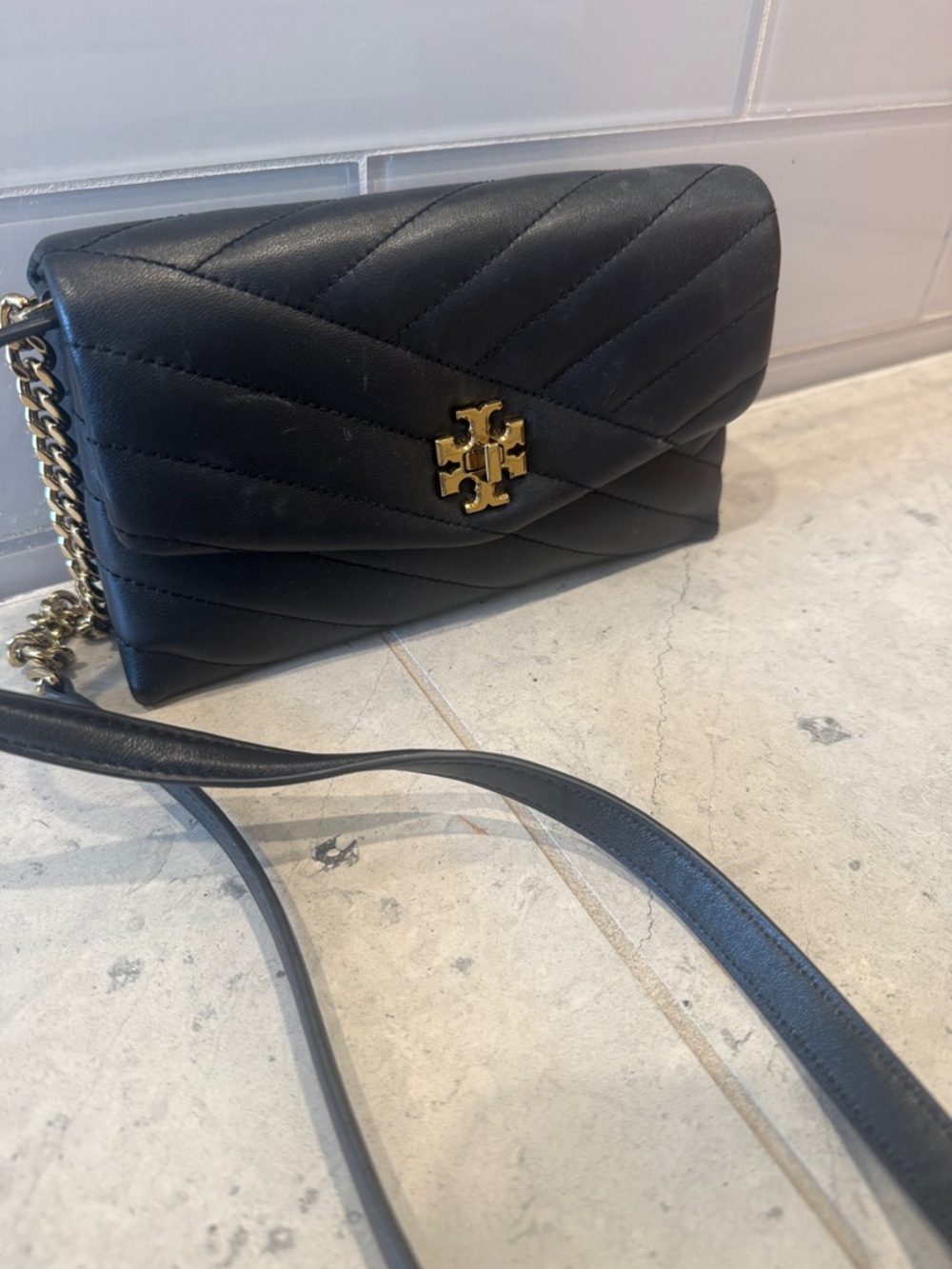 Tory Burch Black Quilted Chevron Leather Chain Crossbody